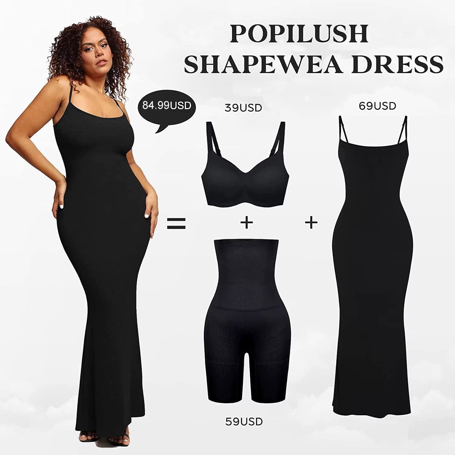 Women'S 2-In-1 Shaper Dress Built-In Shapewear Maxi Dress Tummy Control Body Shaper Bodysuit Backless Slimming Breathable