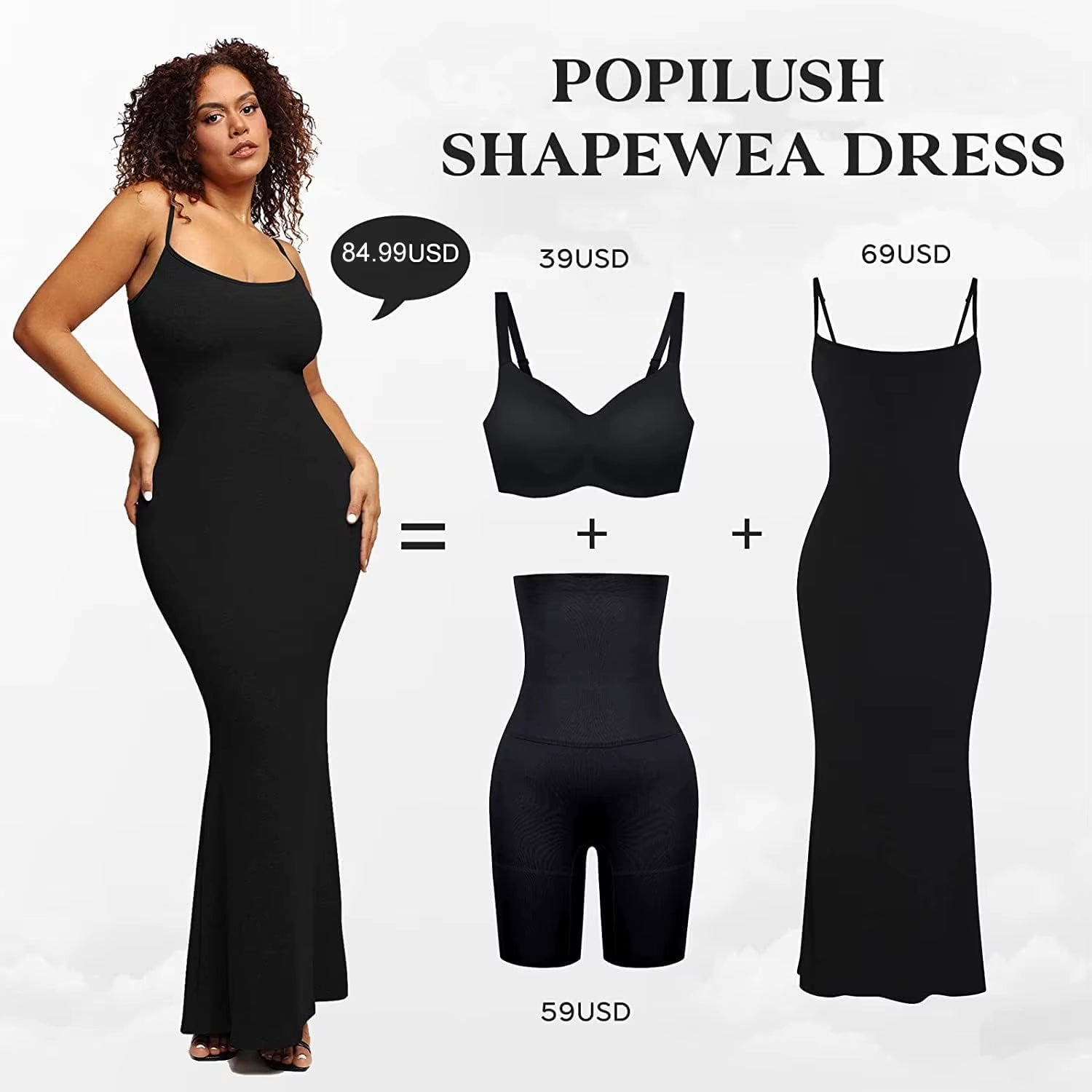 Women'S 2-In-1 Shaper Dress Built-In Shapewear Maxi Dress Tummy Control Body Shaper Bodysuit Backless Slimming Breathable