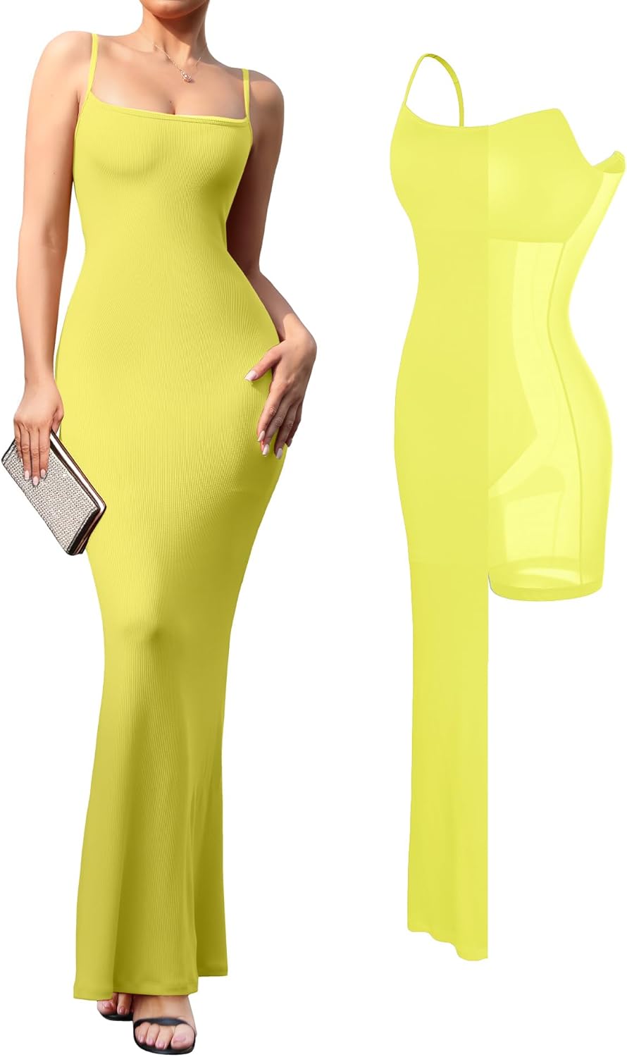 Women'S 2-In-1 Shaper Dress Built-In Shapewear Maxi Dress Tummy Control Body Shaper Bodysuit Backless Slimming Breathable