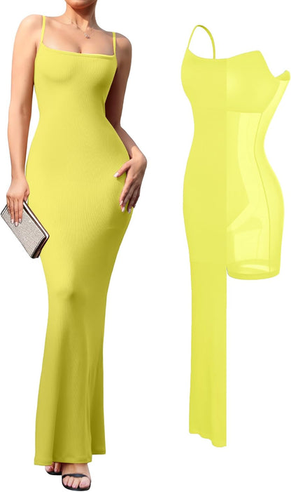 Women'S 2-In-1 Shaper Dress Built-In Shapewear Maxi Dress Tummy Control Body Shaper Bodysuit Backless Slimming Breathable