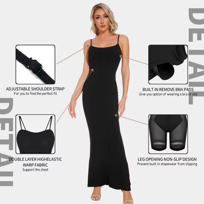 Women'S 2-In-1 Shaper Dress Built-In Shapewear Maxi Dress Tummy Control Body Shaper Bodysuit Backless Slimming Breathable