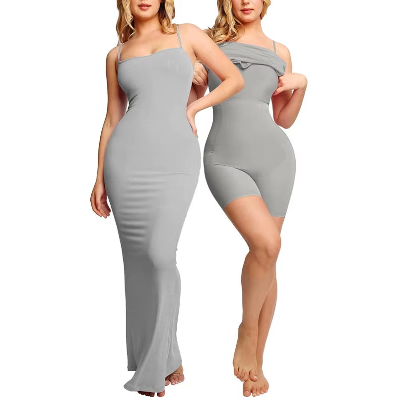 Women'S 2-In-1 Shaper Dress Built-In Shapewear Maxi Dress Tummy Control Body Shaper Bodysuit Backless Slimming Breathable